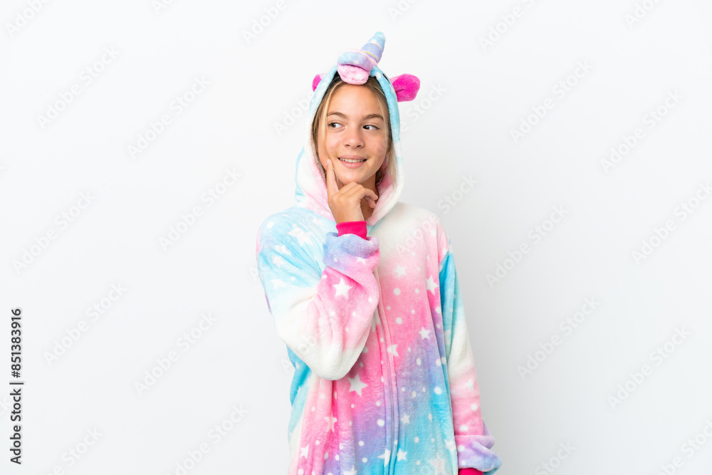 Little girl with unicorn pajamas isolated on white background thinking an idea while looking up Little girl with unicorn pajamas isolated on white background thinking an idea while looking up