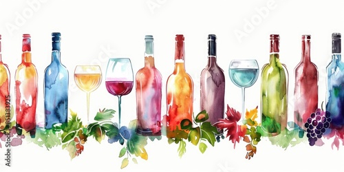 Alcohol Watercolor Ribbon Border with Bottles and Glasses Silhouettes