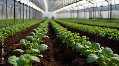 greenhouse with vegetables organic vegetables that are young and fresh in a greenhouse tunnel. Plant nurseries, vegetable plantations, and greenhouses for crop cultivation photo