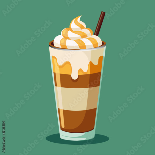 A tall glass of caramel macchiato with whipped cream and a straw, set against a teal background.