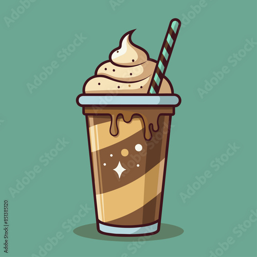 A tall glass of frappuccino with whipped cream and a striped straw, set against a teal background.