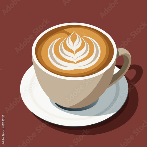A cup of latte with foam art on a saucer, set against a maroon background.