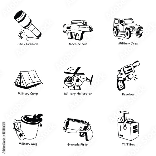 Latest Set of Combat Weapons Doodle Icons 

