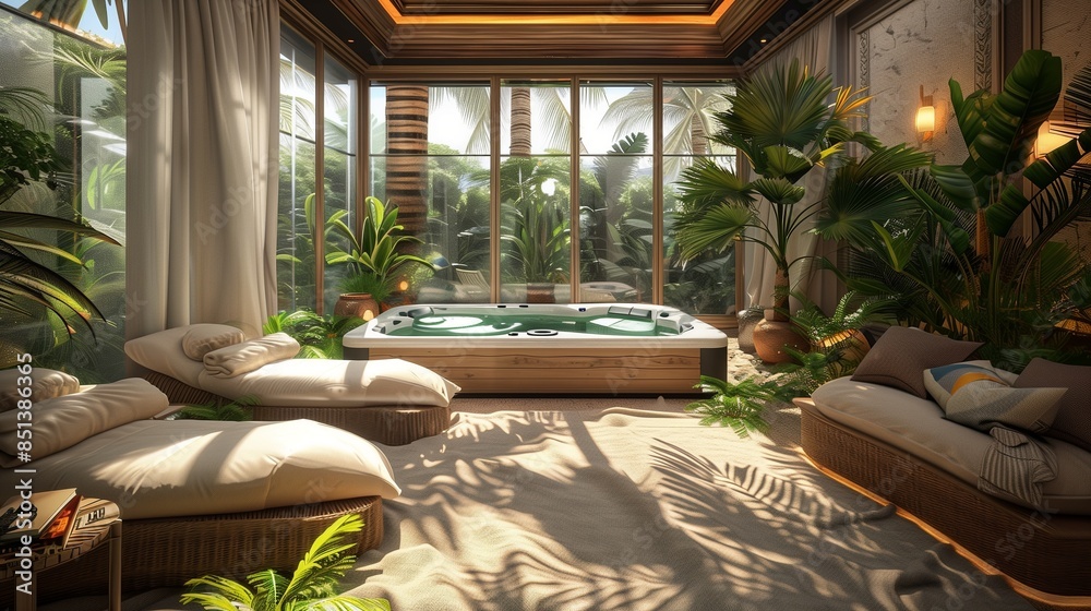 Fototapeta premium A sunroom with a luxurious spa-like ambiance, featuring a Jacuzzi, plush loungers, and tropical plants creating a relaxing retreat