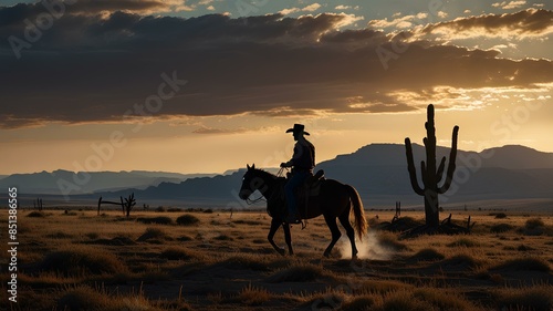 Western landscape with silhouette of a lonely cowboy riding a horse in beautiful midwest.