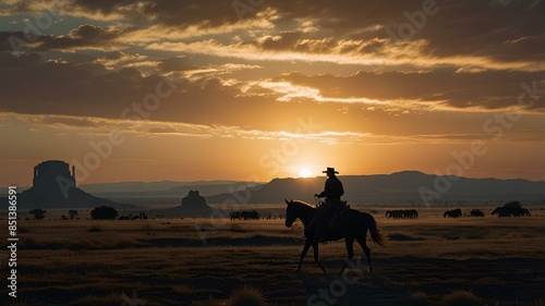 Western landscape with silhouette of a lonely cowboy riding a horse in beautiful midwest.