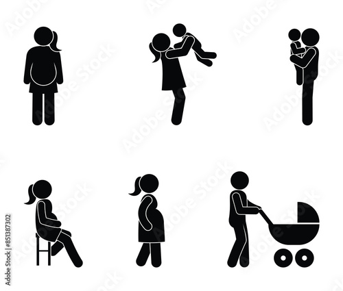 pregnancy, childbirth, stick figure person icons, stickman parent, family illustration