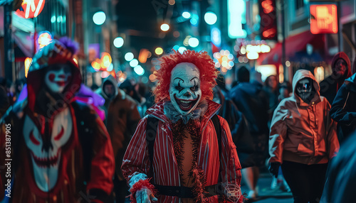 A clown is walking down a street with other people