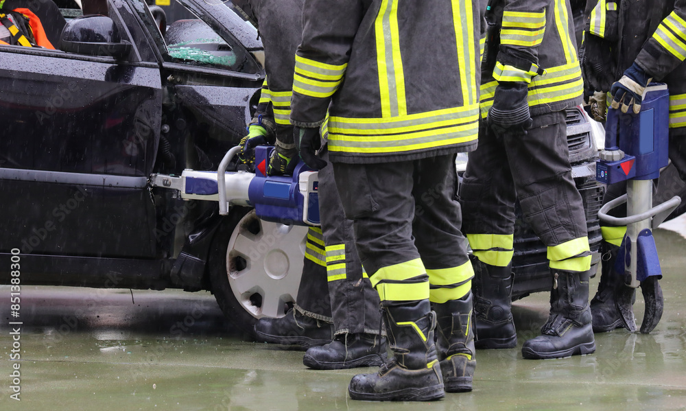 firefighter using powerful cordless pneumatic shears to open the jammed door of a crashed car while raining firefighter using powerful cordless pneumatic shears to open the jammed door of a crashed car while raining