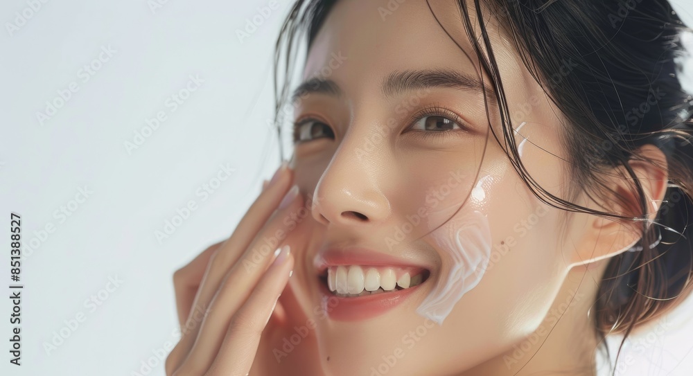 In a skincare commercial studio shoot, a beautiful Asian woman smiles gracefully with her hand resting on her cheek against a pristine white background, illuminated by studio lighting. In a skincare commercial studio shoot, a beautiful Asian woman smiles gracefully with her hand resting on her cheek against a pristine white background, illuminated by studio lighting.