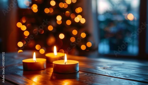 Empty wooden table with candles lit and christmas tree with bokeh on background. Christmas holiday abstract backdrop mock-up of a showcase for demonstrating products. Mockup with copy space