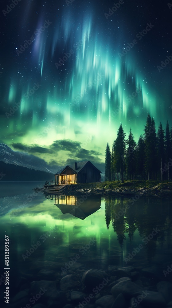 Fototapeta premium Aurora Borealis Northern Lights over log cabin in winter.