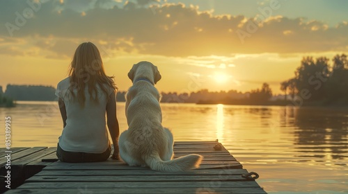 A woman sits at the end of a dock with a white Labrador dog, overlooking calm water and a beautiful sunset. The woman is wearing light colored . A wooden pier extends into the lake, with the dog's photo
