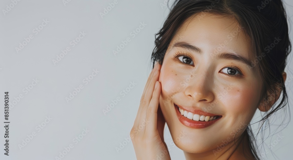 In a skincare commercial studio shoot, a beautiful Asian woman smiles gracefully with her hand resting on her cheek against a pristine white background, illuminated by studio lighting. In a skincare commercial studio shoot, a beautiful Asian woman smiles gracefully with her hand resting on her cheek against a pristine white background, illuminated by studio lighting.