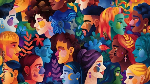 Colorful illustration of diverse people surrounded by foliage.