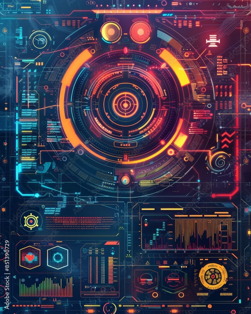 Explore a vibrant and futuristic Heads-Up Display (HUD) interface with a dynamic array of colorful elements This high-tech display combines advanced technology with a sleek design