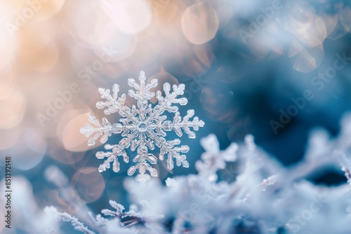 A close-up of a snowflake on a bokeh background, creating a wintery mood. Soft natural lighting, 100mm macro lens photo