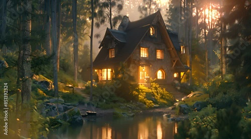 a beautiful cabin in the woods. Hyper realistic photolike 4k photo