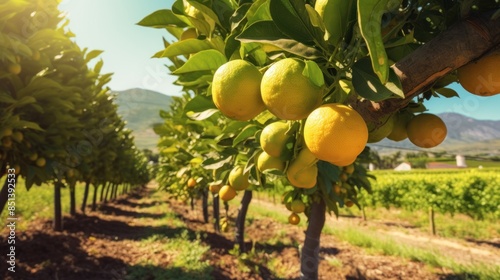 close-up of an orange tree with ripe oranges hanging from the branches.