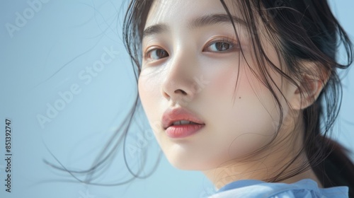A beautiful Korean girl, with a small face and V-shaped jawline, modeling skincare products in a professional studio, showcasing her flawless skin. 
