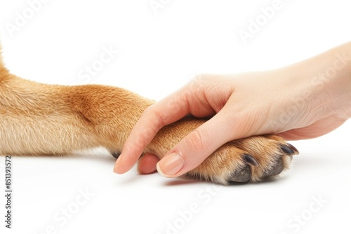 Hand In Paw. Asian Female Hand Holding Close-Up Puppy Paw of Central Asian Shepherd Dog photo