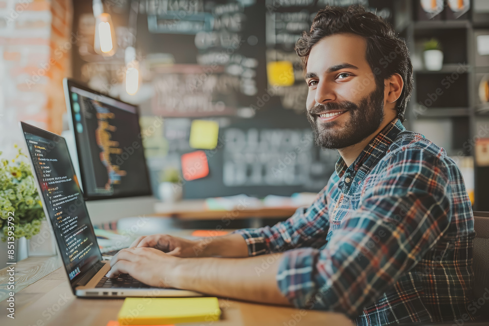 A developer writes code on his laptop. Inside the office develop software for customers. A developer writes code on his laptop. Inside the office develop software for customers.