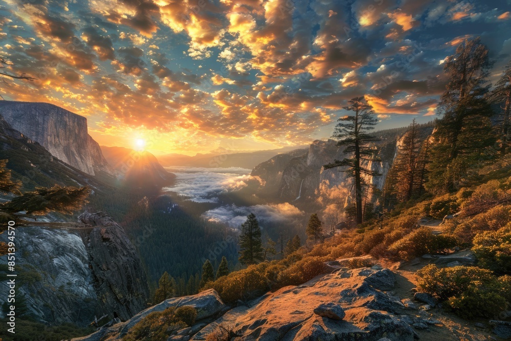 Naklejka premium Yosemite Park Sunset View. National Park Landscape in California with Beautiful Sky