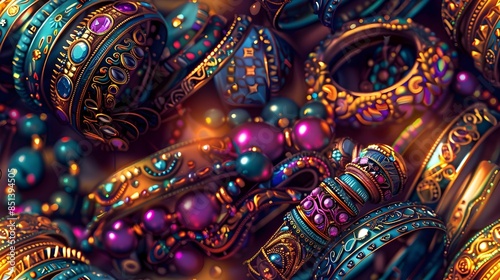 Wallpaper Mural Intricately Patterned Traditional Indian Jewellery Accessories Shimmering Under Soft Lantern Light with Ornate Jewel like Details and Painterly Torontodigital.ca