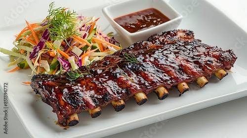Barbeque RISONI realistic stock photography, white background, professional food photograph, with extra sauce and coleslaw on the side. A large piece of smoky barbecue ribs is covered in a thick dark photo
