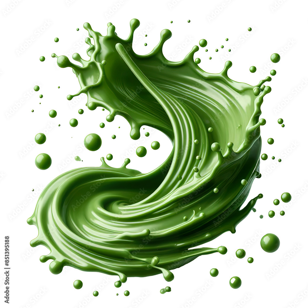 Φωτογραφία green juice liquid swirl splash with little foundation bubbles minimalist isolat