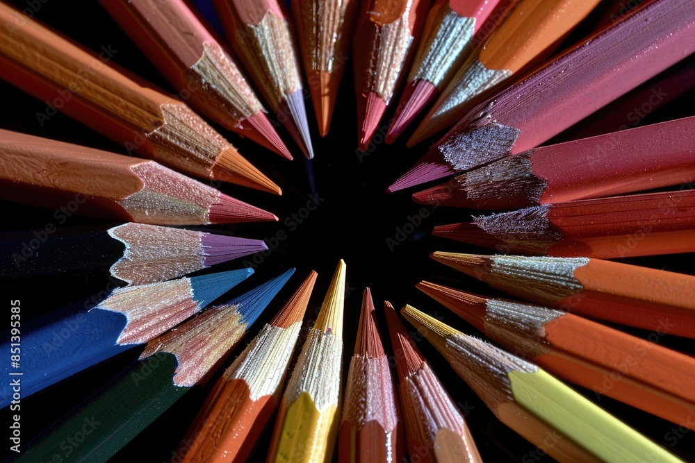 Naklejka premium Colored Pencil Circle. Art Concept Arrangement on Black Background