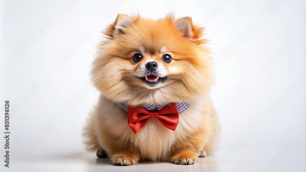 Fluffy Pomeranian with a bow tie on a white background