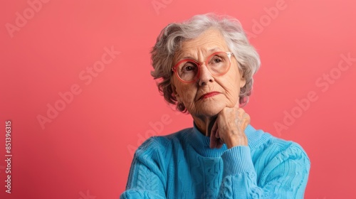 Old Person Thinking. Portrait of Thoughtful Senior Woman Contemplating Decision, Posing in Blue Sweater