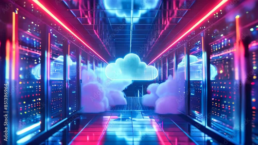 Blue abstract cloud data hologram. Cloud storage and computing concept animation.
