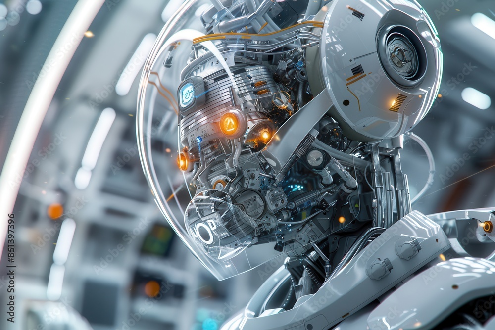 Fototapeta premium Futuristic robot with transparent head displaying intricate circuitry and glowing eyes, situated in a high-tech laboratory environment.