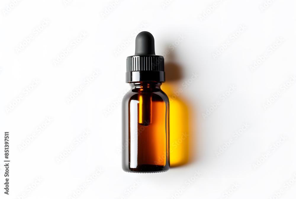 Naklejka premium Amber glass dropper bottle with black cap isolated on white background