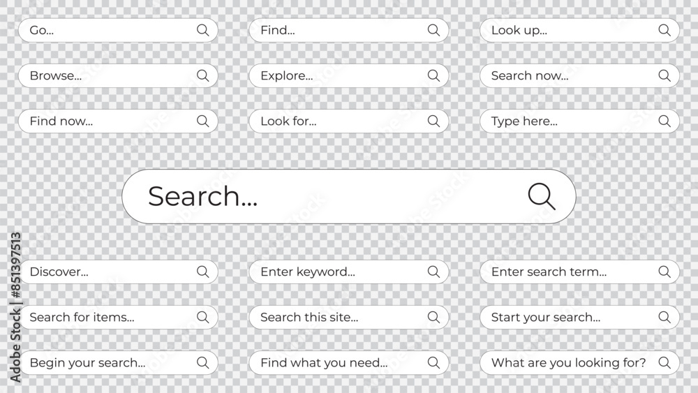 Set of Search Bar Designs with Various Prompts on Transparent Background