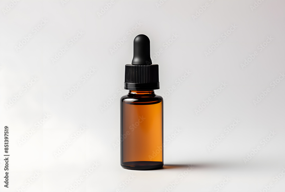 Amber glass dropper bottle with black cap isolated on white background Amber glass dropper bottle with black cap isolated on white background