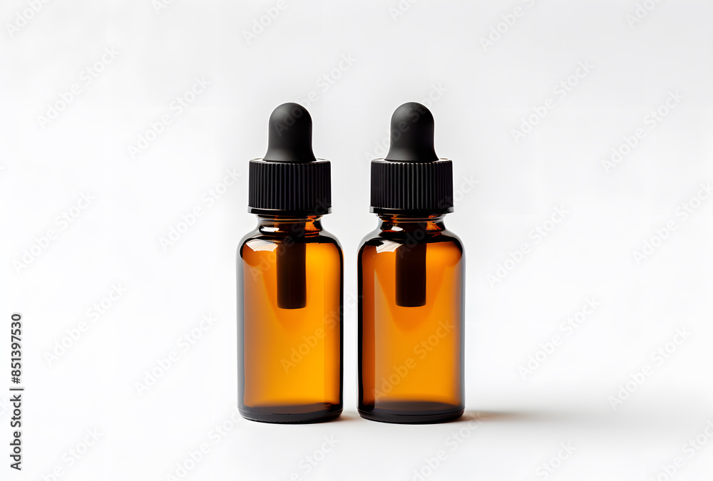 Amber glass dropper bottle with black cap isolated on white background Amber glass dropper bottle with black cap isolated on white background