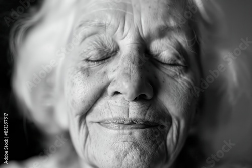 Foto in bianco e nero di un ritratto in primo piano di una signora anziana con gli occhi chiusi sognante e speranzosa, close up photo