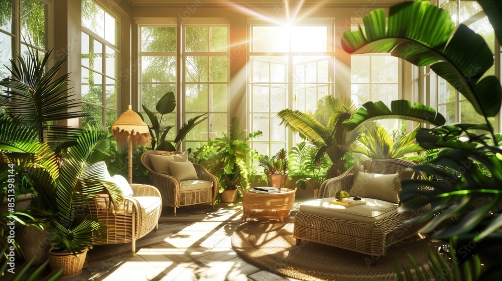 Fototapeta premium A sunroom with a tropical oasis theme, featuring lush greenery, rattan furniture, and sunlight creating a serene atmosphere