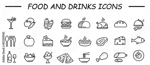 Collection of line food and drinks icons. Contains such Icons as Fruit Basket, Noddles, Healthy Smoothies and more.