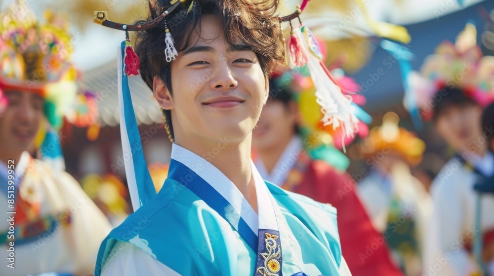 A handsome, cute, Korean young man featuring a festival costume, showcasing participation in a vibrant cultural festival, emphasizing his joyful and celebratory spirit. A handsome, cute, Korean young man featuring a festival costume, showcasing participation in a vibrant cultural festival, emphasizing his joyful and celebratory spirit.
