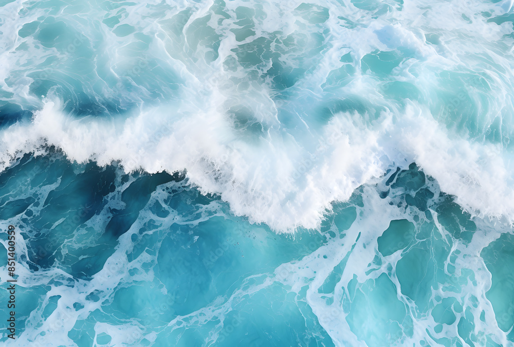 Fototapeta premium Top view of the ocean blue water with white foam and waves