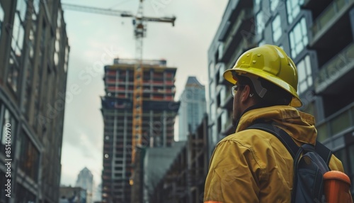 A construction worker in a hard hat, symbolizing safety gear's importance, stands with firefighters in an urban setting, highlighting the need for emergency plans in high-risk environments.