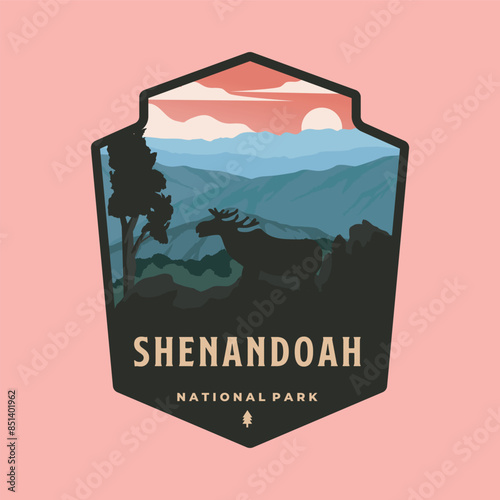 shenandoah national park emblem patch logo symbol illustration design, virginia landmark in badge style