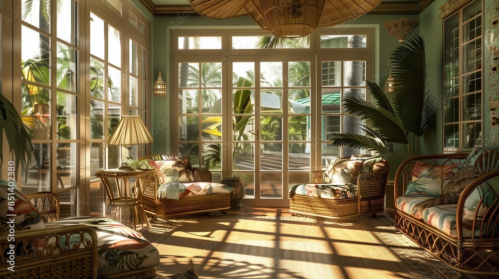 A sunroom with a vibrant tropical theme, decorated with palm leaves, rattan furniture, and sunlight streaming through glass doors A sunroom with a vibrant tropical theme, decorated with palm leaves, rattan furniture, and sunlight streaming through glass doors