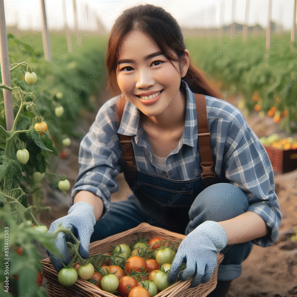 Young asian female farmer harvesting tomatoes in a field. Young asian female farmer harvesting tomatoes in a field.