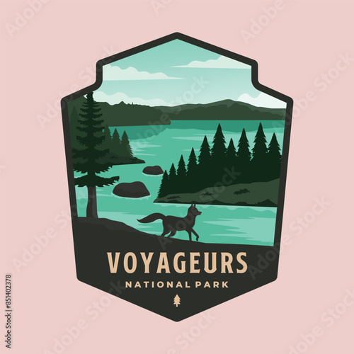 voyageurs national park logo patch illustration design, minnesota landmark illustration in badge emblem style