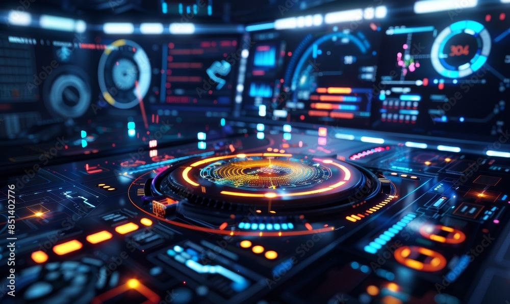 Illustration of a futuristic holographic interface with vibrant colors, depicting advanced technology and digital innovation Illustration of a futuristic holographic interface with vibrant colors, depicting advanced technology and digital innovation